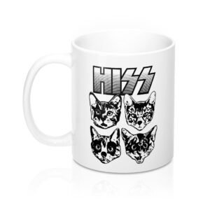 Hiss Coffee Mug - White Ceramic Hair Metal Band Design, 11oz Classic Size