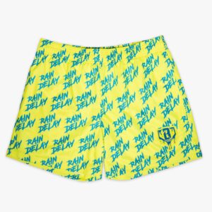 Rain Delay Shorts - Yellow/Blue Mesh Athletic Shorts with Allover Print